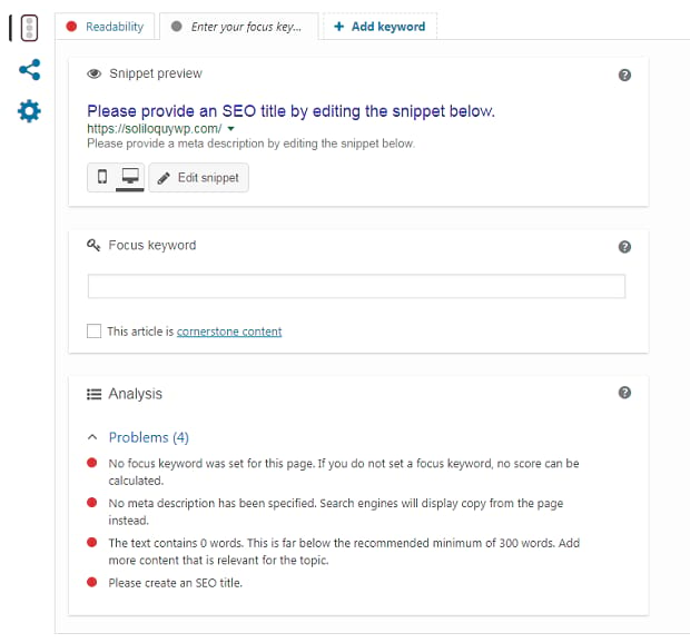 Example of Yoast SEO tab, showing the focus keyword entry box and some of its SEO improvement suggestions