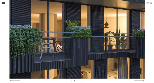 De Hooch's large image slider that shows you images of their apartments using simple and elegantly presented bullet and arrow navigation