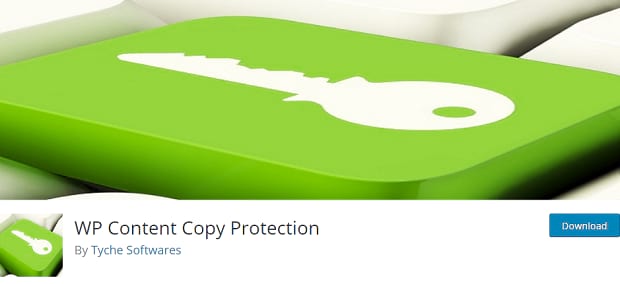 WP Content Copy Protection plugin page, with a green keyboard key with an icon of a key on it