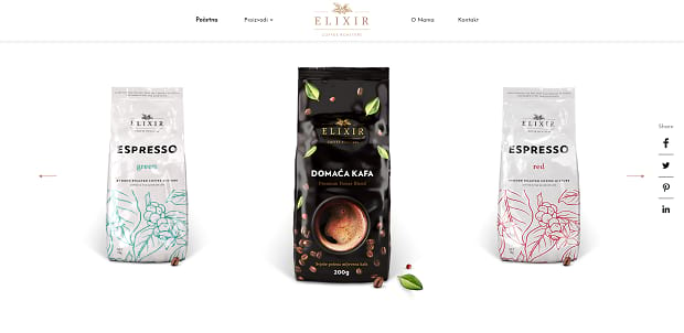 The Elixir product slider, featuring bags of different kinds of coffee on a white background