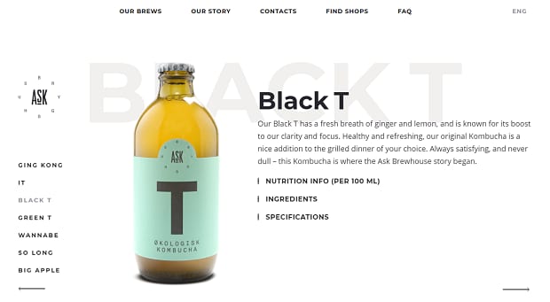 ASK Brewhouse product slider, featuring their Black T brand bottle of tea