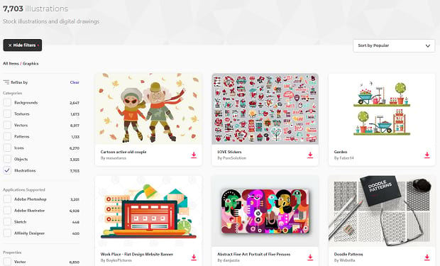 Envato Elements illustration database, with a set of filters on the side and a handful of various illustrations layed out in a grid
