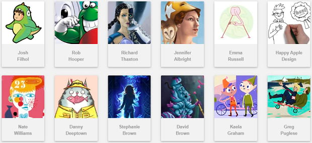 Hire an Illustrator's portfolio list, with the names of various artists and illustrated icons for each one