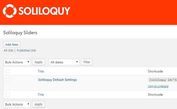The list of created Soliloquy sliders, with the default settings slider at the top