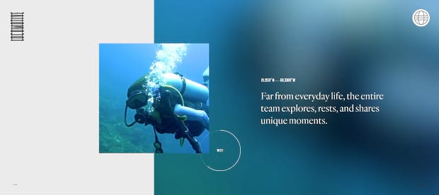 A video slider showing clips from the Explore with Locomotive team, currently showing someone scuba diving