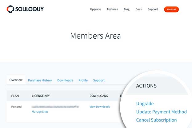 Member's Area dashboard Cancel Subscription link.