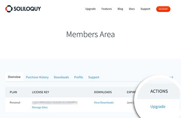 Select the Upgrade link from your Member's Area dashboard to upgrade your license.