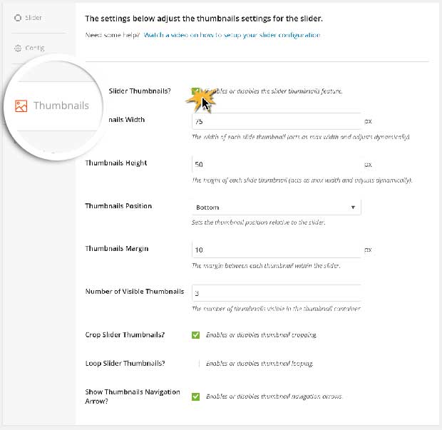 Thumbnails Slider settings
