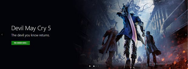 Minimalistic Xbox slider showing the release of Devil May Cry 5