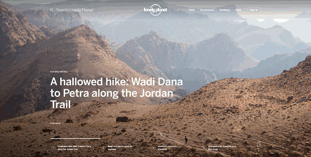 Lonely Planet's fullscreen image slider depicting landscapes and travel equipment