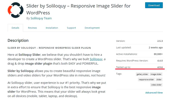 Soliloquy Slider WordPress page, with a description and basic info