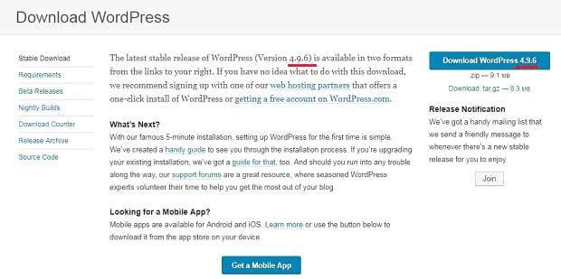 Download page for the latest version of WordPress