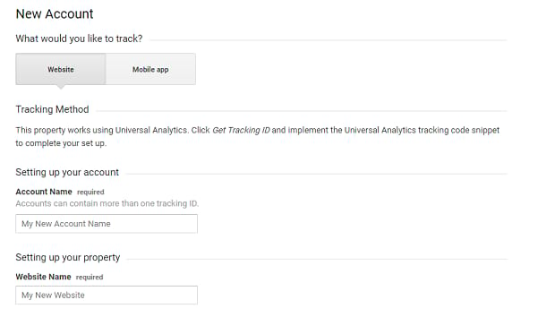 Google Analytics account creation screen