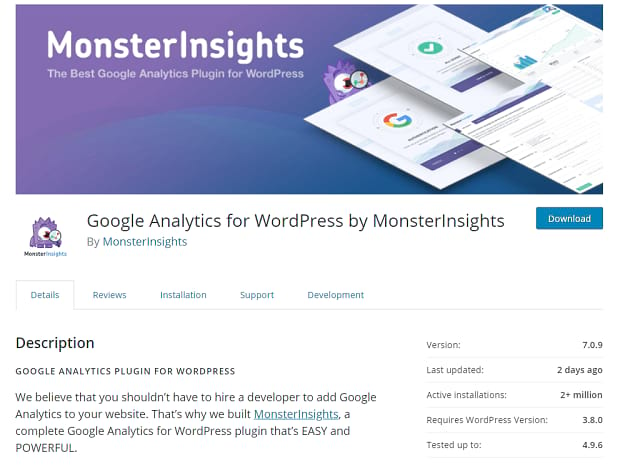 MonsterInsights banner, showing their cartoon monster icon inspecting several Google Analytics pages