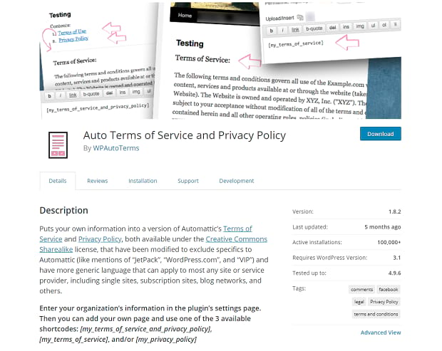 Auto Terms of Service and Privacy Policy plugin page, with an image of example policy pages.