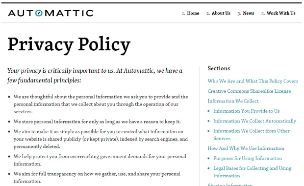 Example of an Automattic generated privacy policy.