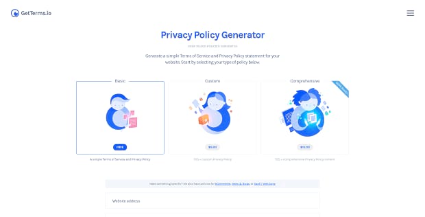 Privacy Policy Generator banner, showing some of the basic option the site provides