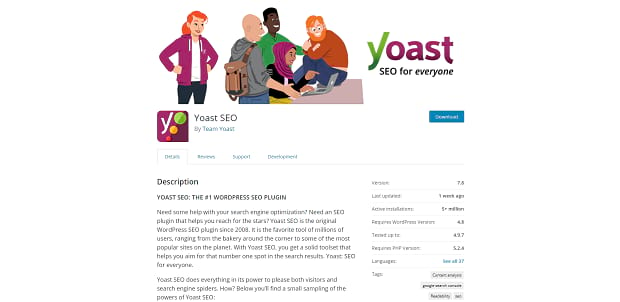 strona wtyczki Yoast, zawierająca obraz kilku osób zebranych wokół laptopa