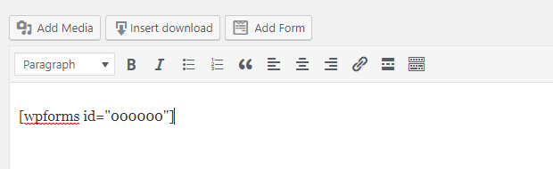 An example of a WPForms shortcode placed in a WordPress post editor
