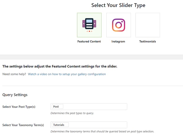 The selection screen for various slider types you can use with Soliloquy addons