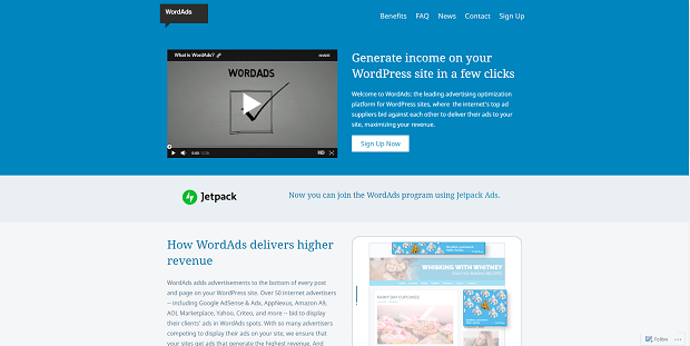 WordAds homepage, with a video and text talking about the benefits of using WordAds