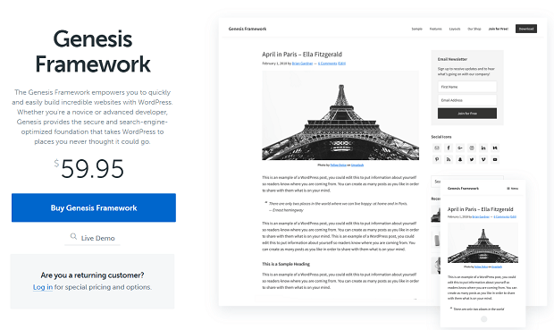 Genesis Framework store page, with a picture of the Eiffel Tower