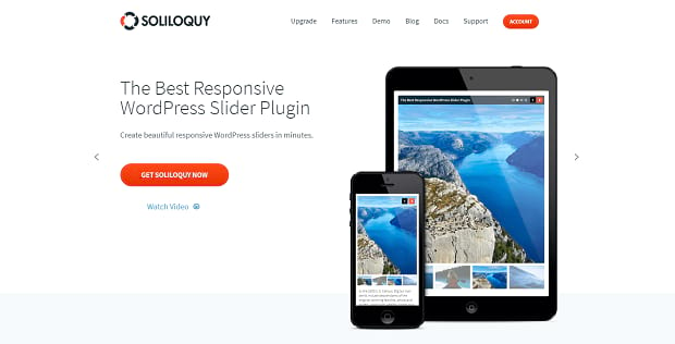 Soliloquy homepage, showing an example slider on both a large tablet and an iphone