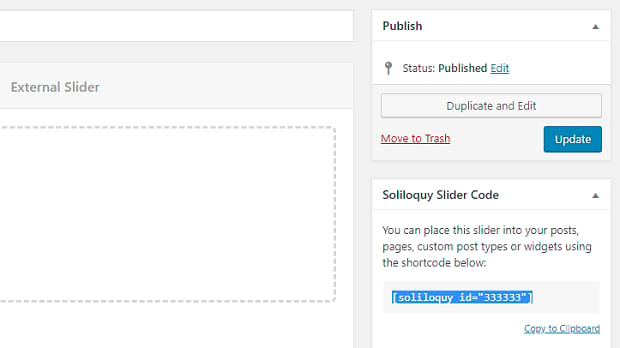 The publish button and Soliloquy Slider Code within WordPress
