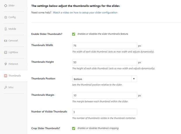 The Soliloquy slider thumbnail settings page