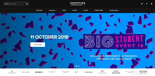 Shopping in Birmingham's full-width slider, with a patterned blue background behind text