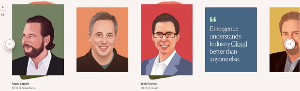 Emergence's portfolio slider, featuring illustrations of several people on colorful backgrounds