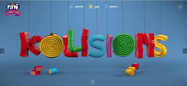 Fini Sweet's colorful slider, spelling the word 'Kollisions' in different pieces of candy