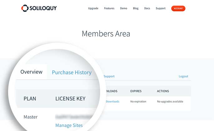 Login to your Soliloquy account and on the Overview tab, copy your license key