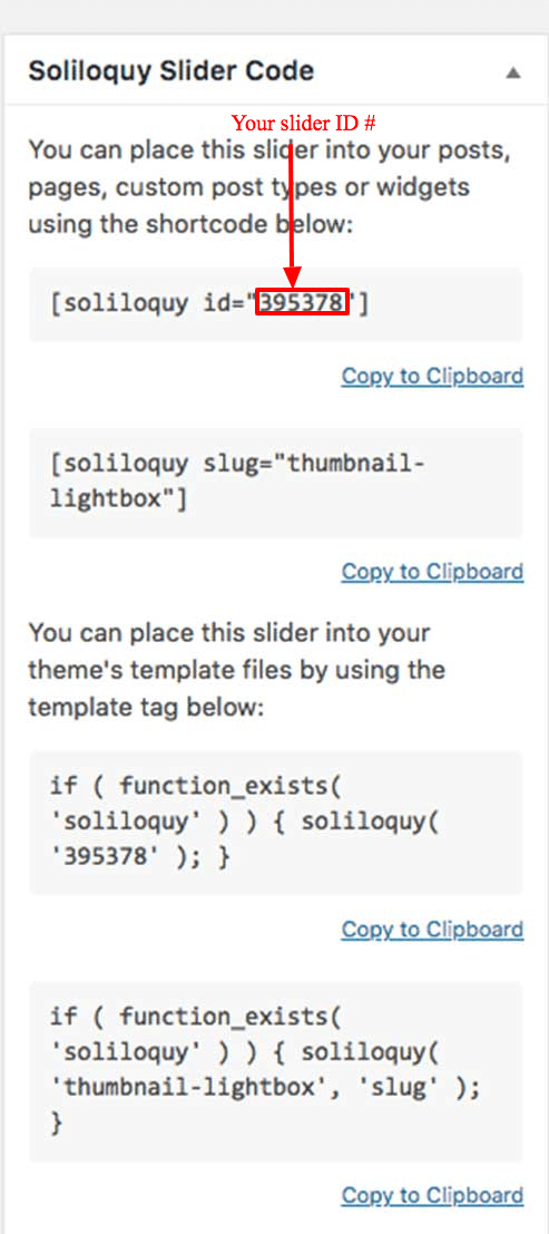 Finding your Soliloquy Slider ID number inside the Soliloquy Slider Code Sidebar