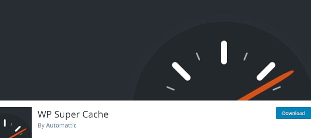 WP Super Cache banner, with an illustrated speedometer 