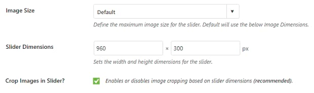 The image size and slider dimensions settings boxes for the Soliloquy plugin