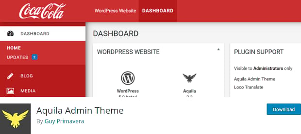 Aquila Admin Theme page, showing an example of a CocaCola themed admin page