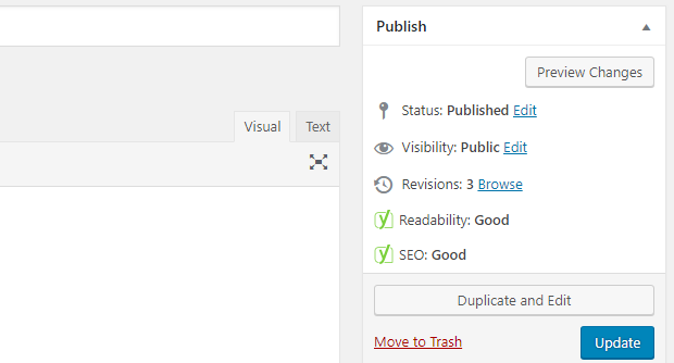 The Yoast SEO icons for readability and SEO on the sidebar of a wordpress post