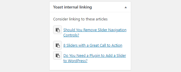 Yoast's internal linking suggestion box, displaying other posts from your website that might have similar topics