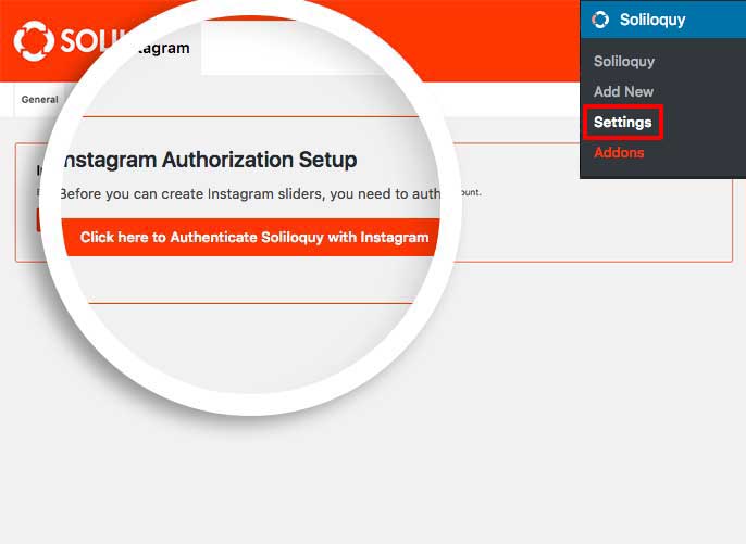 Select the button in the Instagram settings tab to authenticate your Instagram account to create your Instagram slider