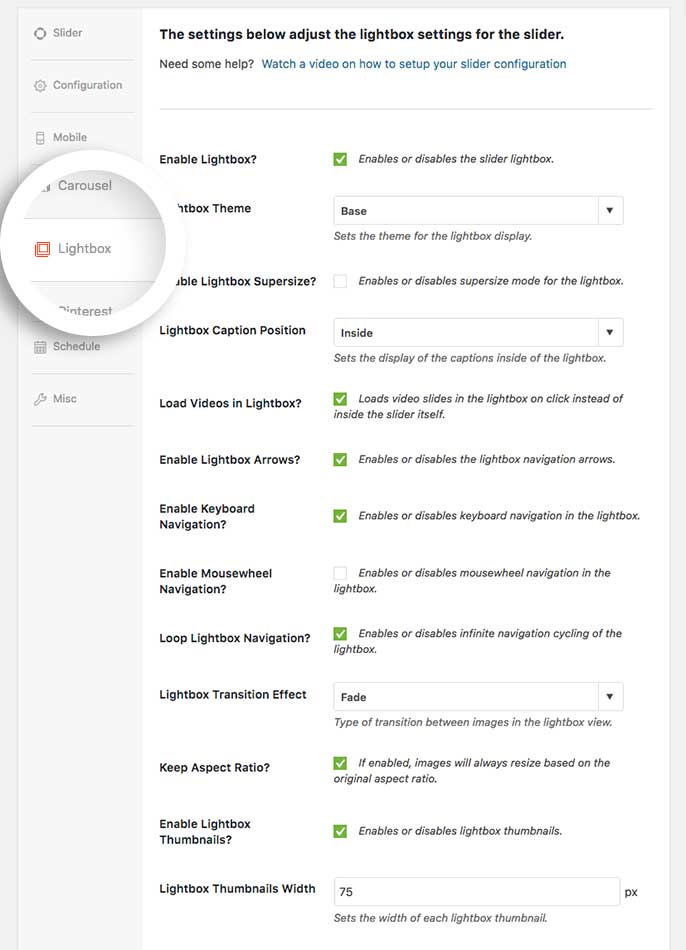 Configure the settings for the Lightbox Addon