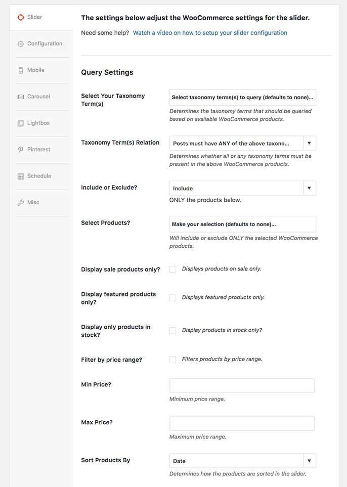 Configure the options for your Woocommerce slider from the Slider tab