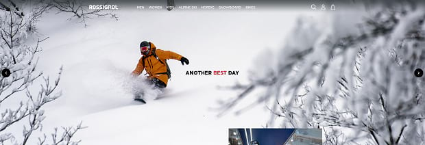 Rossignol's slider, showing a man snowboarding down a mountain