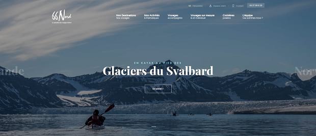 66 Nord's slider, featuring someone rowing down a river with snowy mountains in the background