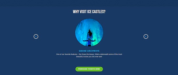 Ice Castles' slider, with a small center image of an icy cave