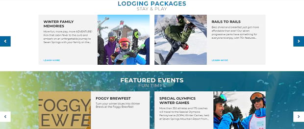 Seven Springs' lider set, with two sliders stacked on top of each other full of various articles and images of the snowy mountains