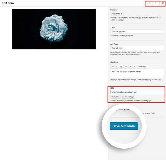 Add links to slides in the URL field and click Save Metadata to save the changes