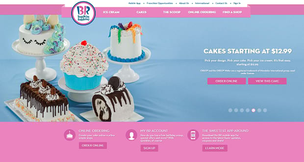 Baskin Robbins' colorful product slider, feature tons of different cute desserts