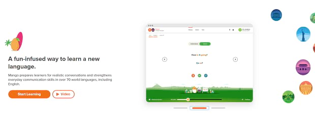 Mango Languages' website tour slider, showing you how to navigate the site with cute icons
