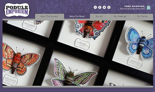 Podule Emporium's showcase slider, featuring a set of framed illustrations of butterflies